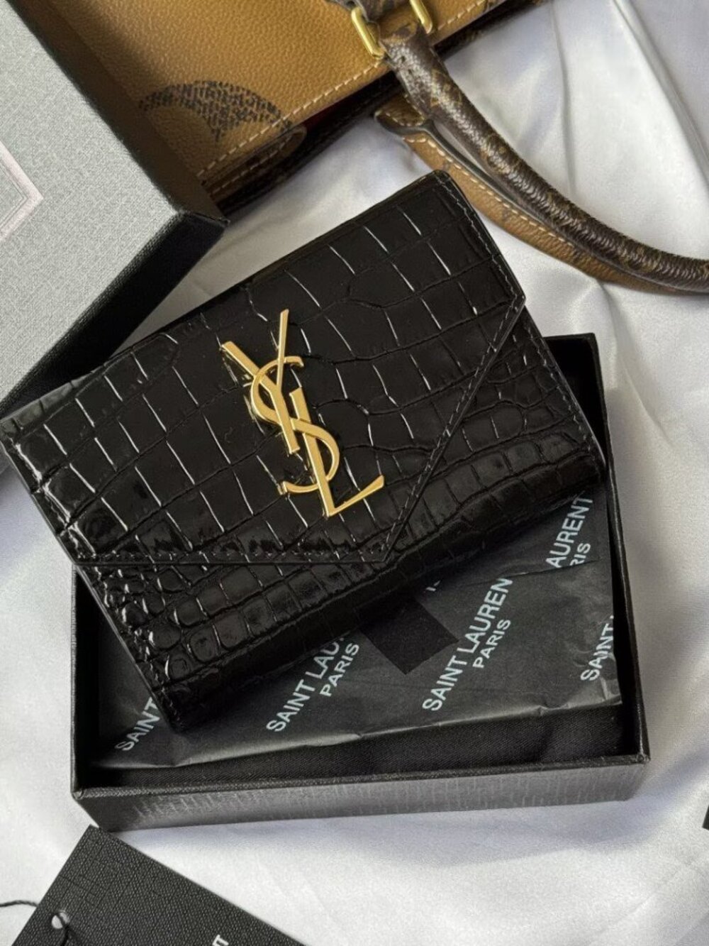 Saint Laurent Uptown Continental Wallet Black Croc Embossed Gold YSL